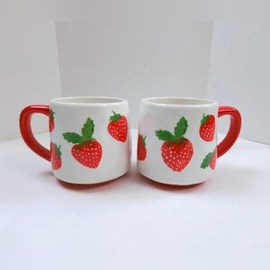 Lang Set Of 2 Strawberry Ceramic Mugs Red White Green Painted Cups